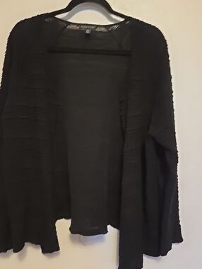 Eileen Fisher Open Front Crinkle Knit Cardigan Black L